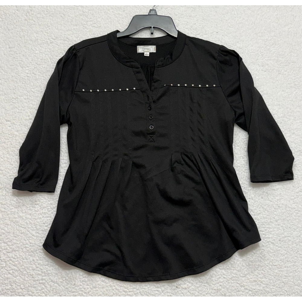 Shannon Ford New York Black Studded Pleated V Neck 3/4 Sleeve Tunic Top Size L